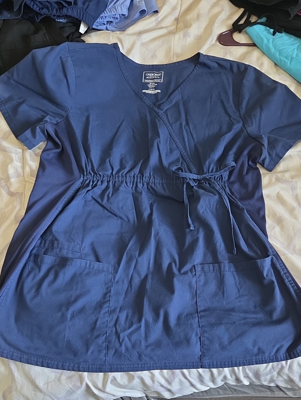 Set Cherokee Navy Wrap Scrub Maternity Top with Tie Waist And Matching Bottoms
